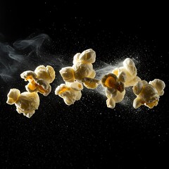 Delicious popcorn pieces suspended in air with powder and steam against a dark background