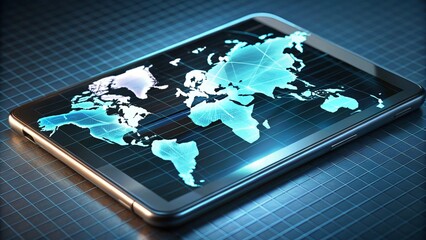A digital tablet displaying a global world map symbolizes business, technology, and internet communication