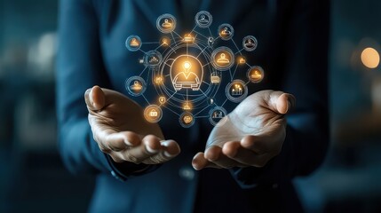 Person holding glowing network of interconnected icons representing connections and data flow
