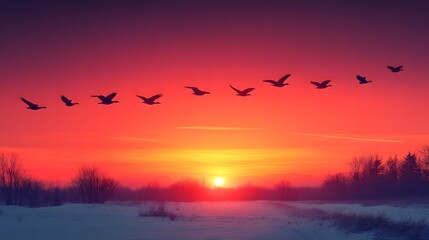Obraz premium Birds flying in formation against a vibrant sunset sky over a snowy landscape at dusk or dawn