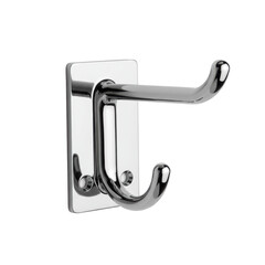 Sleek, modern polished chrome metal medal display hook, minimalist design with a smooth curve, pre-drilled mounting holes, isolated on a seamless transparent studio background with shadowless