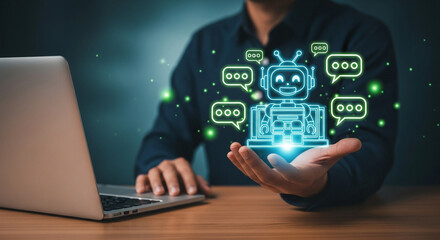 A futuristic glowing chatbot hovers above a persons hand, symbolizing the power of ai and digital communication