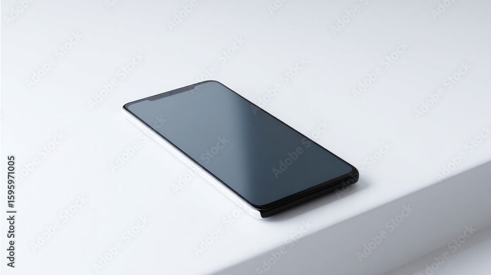 Poster capture single minimalist technological device or clean digital interface on plain surface