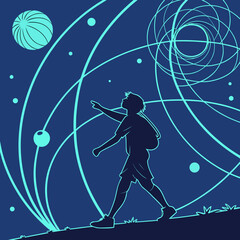 
a silhouette of a boy walking in the sky