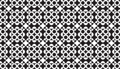 Seamless retro geometric pattern in black and white with interlocking circles and quartered shapes