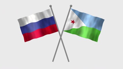 Flag of Djibouti and Russia, Cross table flag of Djibouti and Russia on white screen, Djibouti and Russia 3D Animation flag waving in the wind isolated on white Background.