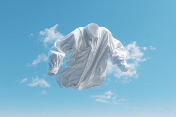 A white shirt floats in a light blue sky filled with fluffy clouds