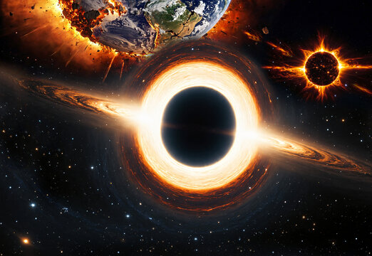 earth and imploding black sun in proximity to a glowing black hole