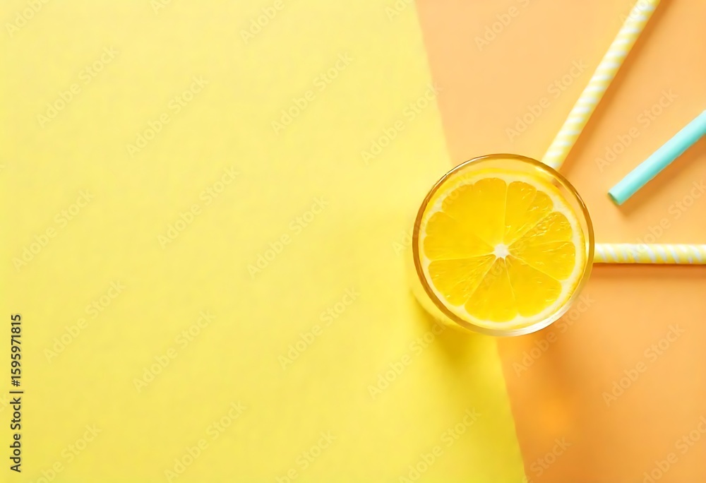 Poster generative ai image: lemon slice within a glass with straws on a colorful background