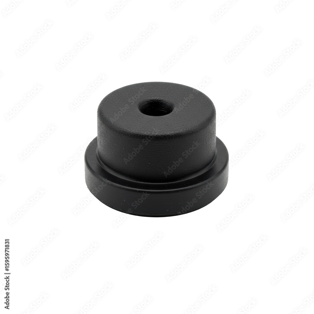 Poster a meticulously detailed, small, circular button-style vibration dampener crafted from dark rubber wi