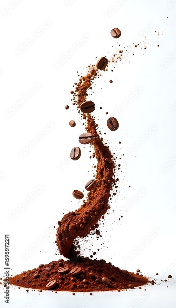 Poster generative ai image depicting cascading coffee grounds and floating roasted coffee beans on a