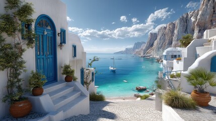 A picturesque coastal scene featuring white buildings, clear blue water, and a stunning view of the sea under a sunny sky.