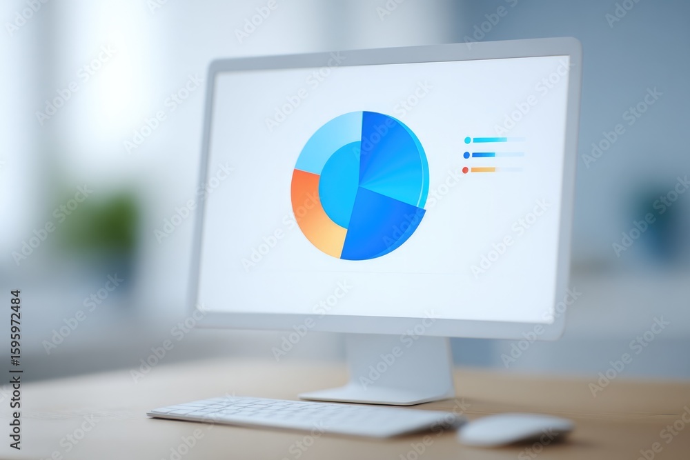 Poster close-up of desktop showing pie-chart and goal progress bar in financial analytics software mouse ho