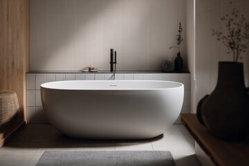 Modern White Freestanding Bathtub in Minimalist Bathroom with Neutral Colors and Elegant Decor