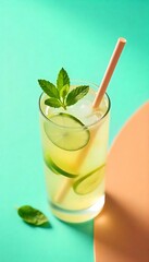 Fototapeta premium Generative AI: Refreshing Citrus Beverage with Mint and Ice on a Pastel Background