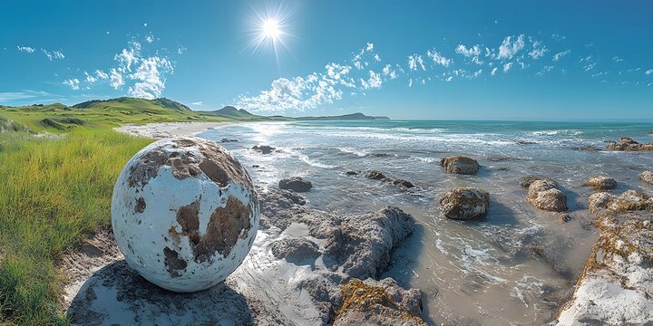 Large spherical boulder on a sandy beach with waves and green hills under a bright sunny sky