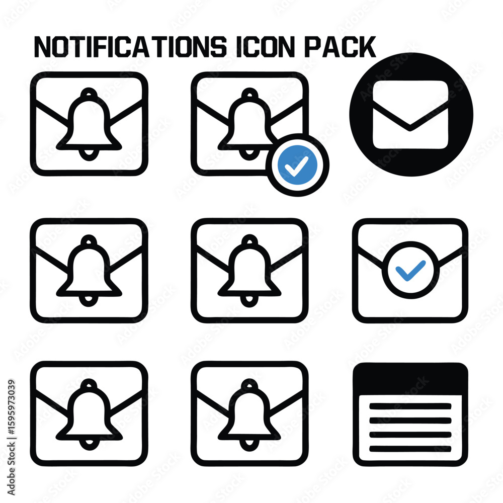 Poster collection of various notification and message icons in a clean modern design style