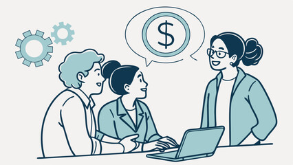 Business Team Brainstorming Financial Strategy on Laptop.