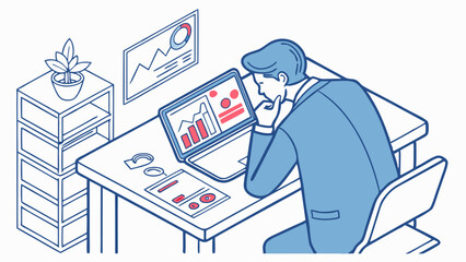 Businessman Analyzing Data on Laptop with Charts and Graphs.
