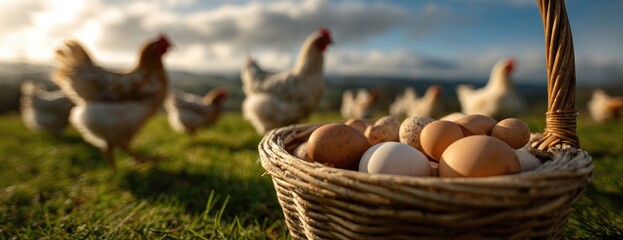 Fresh eggs in a basket with hens in a field
