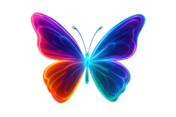 Glowing neon butterfly gently flapping its vibrant, colorful wings against a transparent background, radiating magic and ethereal beauty