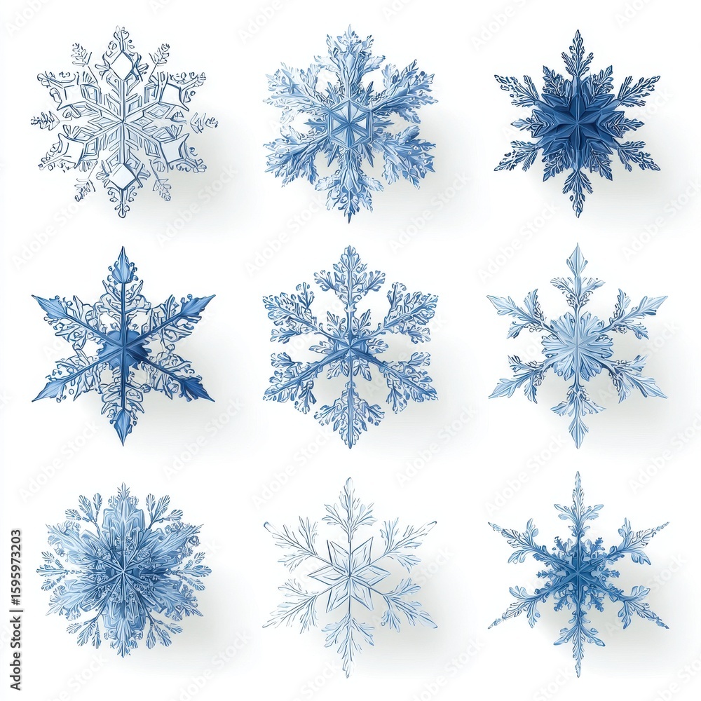 Poster a collection of nine distinct blue and white snowflakes showcasing different intricate shapes and pa