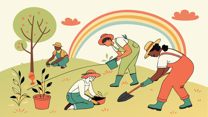 Fototapeta premium Diverse Group of People Gardening in a Sunny Day.