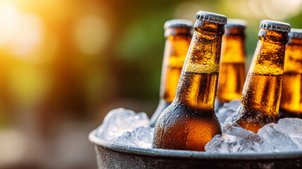 cold beer bottles in ice bucket with condensation — ideal for international beer day campaigns, summer party flyers, or beverage branding design