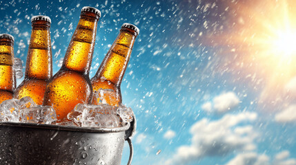 cold beer bottles in ice bucket with condensation — ideal for international beer day campaigns, summer party flyers, or beverage branding design