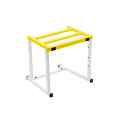 A pristine, new mini hurdle made of lightweight PVC with bright yellow crossbars and white supports, professionally lit on a seamless transparent studio background, commercial product photography