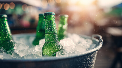 cold beer bottles in ice bucket with condensation — ideal for international beer day campaigns, summer party flyers, or beverage branding design