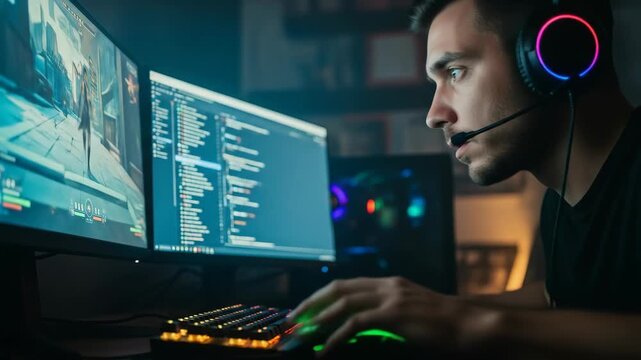 Gamer Immersed in Online Video Game with Illuminated Keyboard and Headset