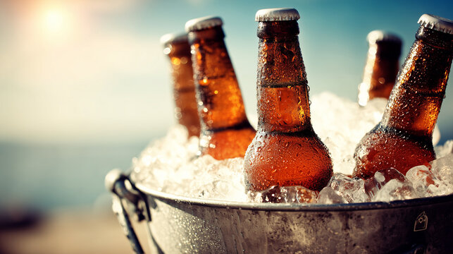 cold beer bottles in ice bucket with condensation — ideal for international beer day campaigns, summer party flyers, or beverage branding design - Powered by Adobe