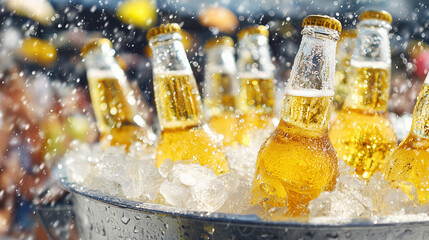 cold beer bottles in ice bucket with condensation — ideal for international beer day campaigns, summer party flyers, or beverage branding design