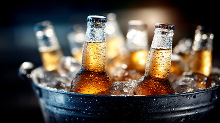 cold beer bottles in ice bucket with condensation — ideal for international beer day campaigns, summer party flyers, or beverage branding design