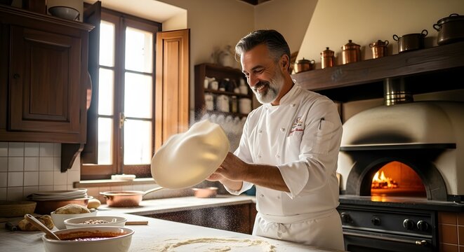 A professional chef expertly tosses pizza dough in a rustic, sunlit kitchen, preparing a meal.