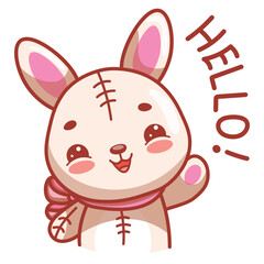 Cute kawaii bunny greets you and waves his paw. Vector illustration of funny rabbit character.