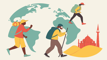 Illustrated Travelers Exploring the World with Backpacks and Landmarks.