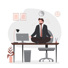 Mindfulness, businessman meditating in lotus position at work in the office, trying to release stress. Break time, calm and relax. Time out, stop burnout.