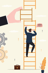 Male employee climbing up to top of ladder. Mentor hand give part of stairs. Business support support to reach career target or help to climb up ladder of success