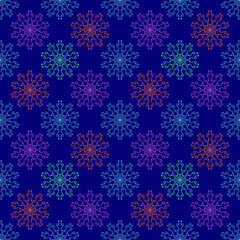 Seamless pattern with Interlocking multicolored snowflake motifs on a deep blue background