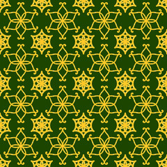 Seamless pattern featuring geometric floral motifs in yellow, set against a deep green background