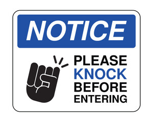 Use This Walkway – Please Knock Before Entering Notice Sign with Knocking Hand Icon and Blue Header – High Quality Vectorial Stock Image