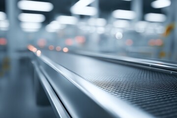 close-up of massive industrial factory conveyor belt with glowing metal parts moving under bright overhead lights
