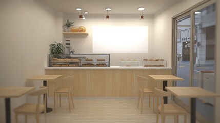 Light-filled cafe interior design with wooden tables and chairs.