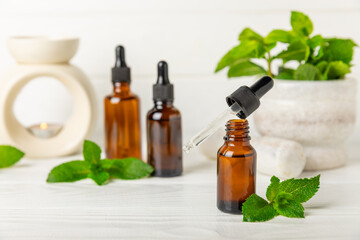 Essential oil mint on a wooden background. Peppermint essential oil with fresh mint leaves. A bottle of aromatherapy oil. Mint extract. The concept of natural cosmetics, spa care. copy space