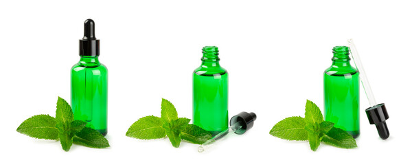 Essential oil mint isolated on white background. Peppermint essential oil with fresh mint leaves. A...
