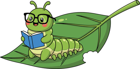 Adorable caterpillar reading a book, cartoon insect with glasses, nature leaf illustration, educational kids image, vector learning concept art