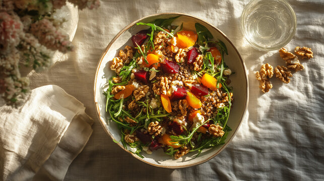 lentil Vegan Bowl with Leafy Greens and beetroots and rocket leaves - Powered by Adobe