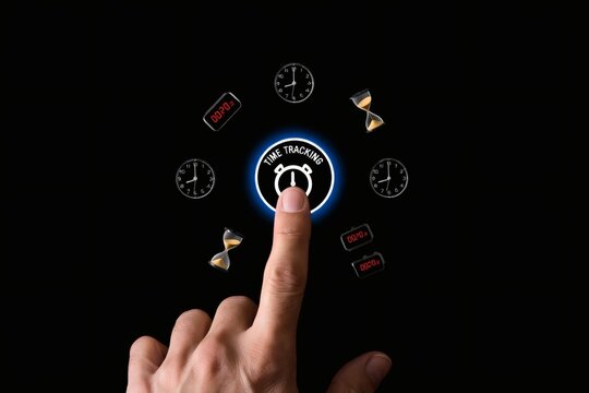 Managing time and tasks with digital tools, pressing time tracker button on interface, optimizing scheduling in modern way.